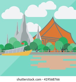 Temple of dawn, thailand with flat design