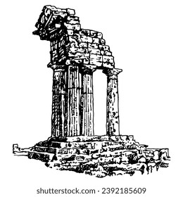 Tempel des Dioscuri (Castor und Pollux) in Agrigento, Sizilien. Antike Ruinen in Italien. römische Architektur. Handgezeichnete lineare Doodle grobe Skizze. Schwarz-Weiß-Silhouette.