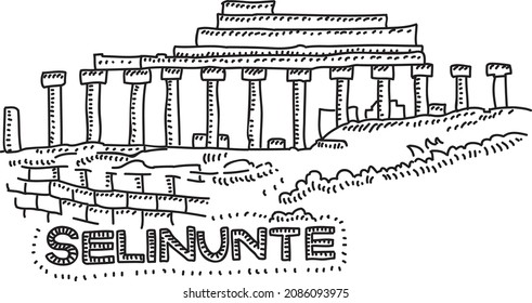 Temple E at the Selinunte archeological site on Sicily. Sketchy hand-drawn vector illustration.