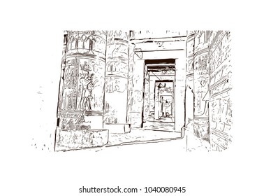 The Temple of Edfu is an ancient Egyptian temple, located on the west bank of the Nile in Edfu, Upper Egypt. Hand drawn sketch illustration in vector.