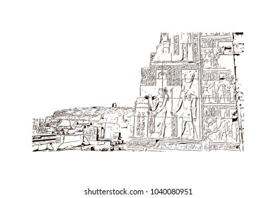 The Temple of Edfu is an ancient Egyptian temple, located on the west bank of the Nile in Edfu, Upper Egypt. Hand drawn sketch illustration in vector.