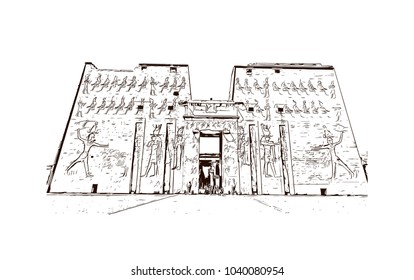 The Temple of Edfu is an ancient Egyptian temple, located on the west bank of the Nile in Edfu, Upper Egypt. Hand drawn sketch illustration in vector.