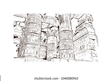 The Temple of Edfu is an ancient Egyptian temple, located on the west bank of the Nile in Edfu, Upper Egypt. Hand drawn sketch illustration in vector.