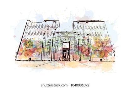 The Temple of Edfu is an ancient Egyptian temple, located on the west bank of the Nile in Edfu, Upper Egypt. Watercolor splash with hand drawn sketch in vector.