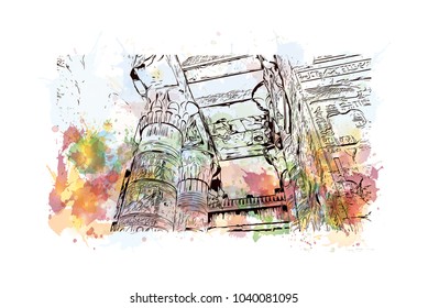 The Temple of Edfu is an ancient Egyptian temple, located on the west bank of the Nile in Edfu, Upper Egypt. Watercolor splash with hand drawn sketch in vector.