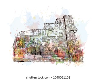 The Temple of Edfu is an ancient Egyptian temple, located on the west bank of the Nile in Edfu, Upper Egypt. Watercolor splash with hand drawn sketch in vector.