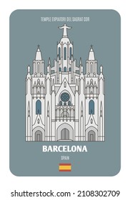 Temple Expiatori del Sagrat Cor in Barcelona, Spain. Architectural symbols of European cities. Colorful vector 