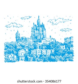 The Temple Expiatori del Sagrat Cor on the summit of Mount Tibidabo in Barcelona, Catalonia, Spain. Drawn pencil sketch. Vector file