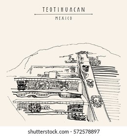 Temple of the Feathered Serpent (Quetzalcoatl), Teotihuacan, Mexico, Latin America. Pyramid reliefs. Travel sketch. Hand drawn vintage tourism postcard in vector