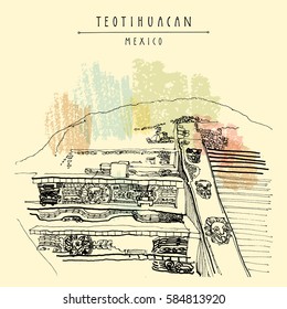 Temple of the Feathered Serpent (Quetzalcoatl), Teotihuacan, Mexico, Latin America. Pyramid reliefs. Travel sketch. Hand drawn vintage tourism postcard in vector