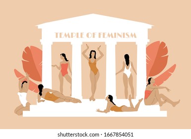 Temple of feminism. Vector  hand drawn illustration of girls in swimsuits in glazebo isolated.  Creative artwork. Template for card, poster, banner, print for t-shirt, pin, badge, patch.