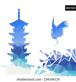Temple and flying bird. Vector illustration.