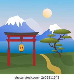 Temple gate against the backdrop of mountain peaks and the sea. Japanese lantern. Mountain peaks and the sun against the backdrop of the blue sky. Japanese landscape. Eastern culture. Vector