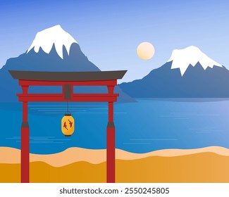 Temple gate against the backdrop of mountains and sea. Mountain peaks and sun. Japanese landscape. Eastern culture. Vector illustration
