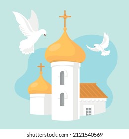 Temple with golden domes and white doves against the blue sky. Vector image.