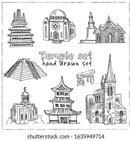 Temple hand drawn doodle set. Vector illustration. Isolated elements on white background. Symbol collection.