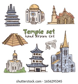 Temple hand drawn doodle set. Vector illustration. Isolated elements on white background. Symbol collection.