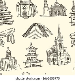 Temple hand drawn doodle set. Vector illustration. Isolated elements on white background. Symbol collection.