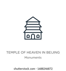 Templo del cielo en el ícono de Beijing. Delgado templo lineal del cielo en el contorno de beijing icono aislado en fondo blanco de la colección de monumentos. Signo vectorial de línea, símbolo para web y móvil