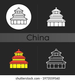 Temple Of Heaven Dark Theme Icon. Religious Place To Pray For Harvest. Chinese Historical Landmark. Traditional Culture. Linear White, Simple Glyph And RGB Color Styles. Isolated Vector Illustrations