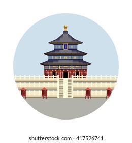Temple of Heaven icon isolated on white background. Vector illustration for famous building design. Travel tour postcard. With blue sky. China landmark symbol Touristic asian temple