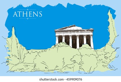 Temple of Hephaestus in Athens. Vector drawing, freehand vintage illustration