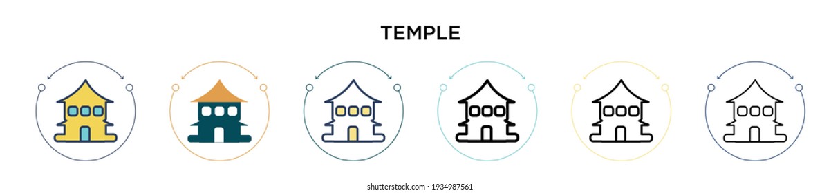 Icono de templo en estilo relleno, delgado, contorno y trazo. Ilustración vectorial de dos diseños de iconos vectoriales de los templos de color y negro se puede usar para móviles, ui, web