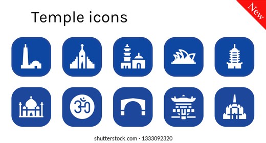 temple icon set. 10 filled temple icons.  Collection Of - Qutb minar, Hallgrimskirkja, Opera house, Pagoda, Taj mahal, Om, Stari most, Thatbyinnyu temple