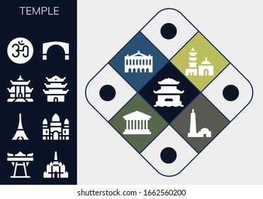 temple icon set. 13 filled temple icons. Included Pagoda, Giant swing, Thatbyinnyu temple, Tokyo, Angkor wat, Om, Stari most, Qutb minar, Palais garnier, Pantheon icons