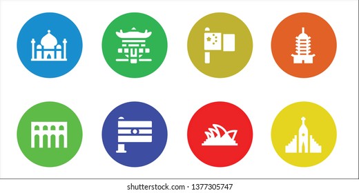 temple icon set. 8 filled temple icons.  Collection Of - Taj mahal, Segovia, Pagoda, India, China, Opera house, Hallgrimskirkja
