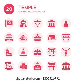 temple icon set. Collection of 20 filled temple icons included Japan, Chiang kai shek, Judaism, Parthenon, Mole antonelliana, Forbidden city, Kanji vadas, Abu simbel, Torii, Nevyansk