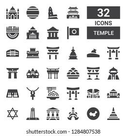 temple icon set. Collection of 32 filled temple icons included Doi suthep, China, Thailand, Parthenon, Quezon memorial circle, Judaism, Indonesia, Torii, Padthai, Ankh, Abu simbel
