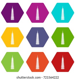 Temple icon set many color hexahedron isolated on white vector illustration