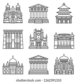 Temple icon set. Outline set of temple vector icons for web design isolated on white background