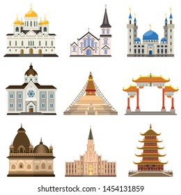 Temple icons set. Flat set of temple vector icons for web design