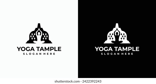 Temple illustration vector logo design with yoga pose silhouette.