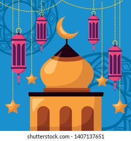 temple islamic lanterns celebration eid mubarak vector illustration