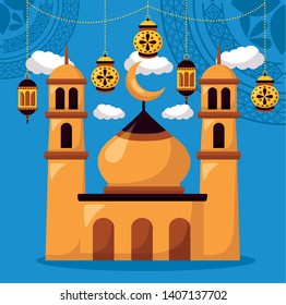 temple islamic lanterns celebration eid mubarak vector illustration
