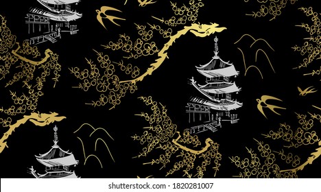 temple japanese chinese design sketch ink paint style seamless