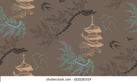 temple japanese chinese design sketch ink paint style seamless