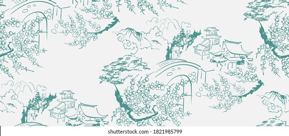 temple japanese chinese design sketch ink paint style seamless