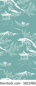 temple japanese chinese design sketch ink paint style seamless