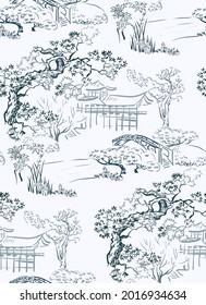 temple japanese chinese design sketch ink paint style seamless