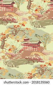 Temple Japanese Chinese Design Sketch Ink Paint Style Seamless