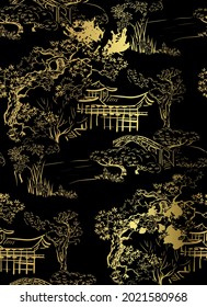 Temple Japanese Chinese Design Sketch Black Gold Style Seamless