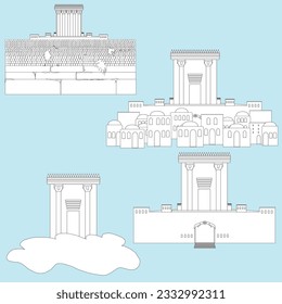 The Temple in Jerusalem. A black and white outline illustration collection icons set. In the ancient city holy to the people of Israel. On the background of houses, the Kotel, on clouds.
Flat vector.