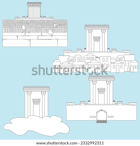 The Temple in Jerusalem. A black and white outline illustration collection icons set. In the ancient city holy to the people of Israel. On the background of houses, the Kotel, on clouds.
Flat vector.