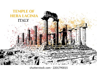 Temple of Juno, Temple of Hera Lacinia. Valley of the Temples, Agrigento, Sicily, Italy illustration 
 vector art.