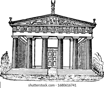 Temple of Jupiter at Olympia, the sculptured antique art, vintage engraving.