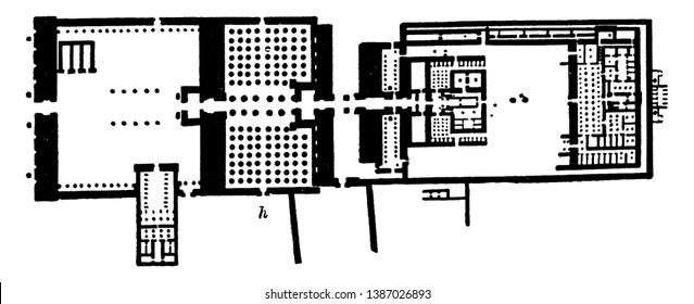 Temple of Karnak, complex, universally, ruined temples, chapels, pylons,  blueprint plans, open air museum,  vintage line drawing or engraving illustration.